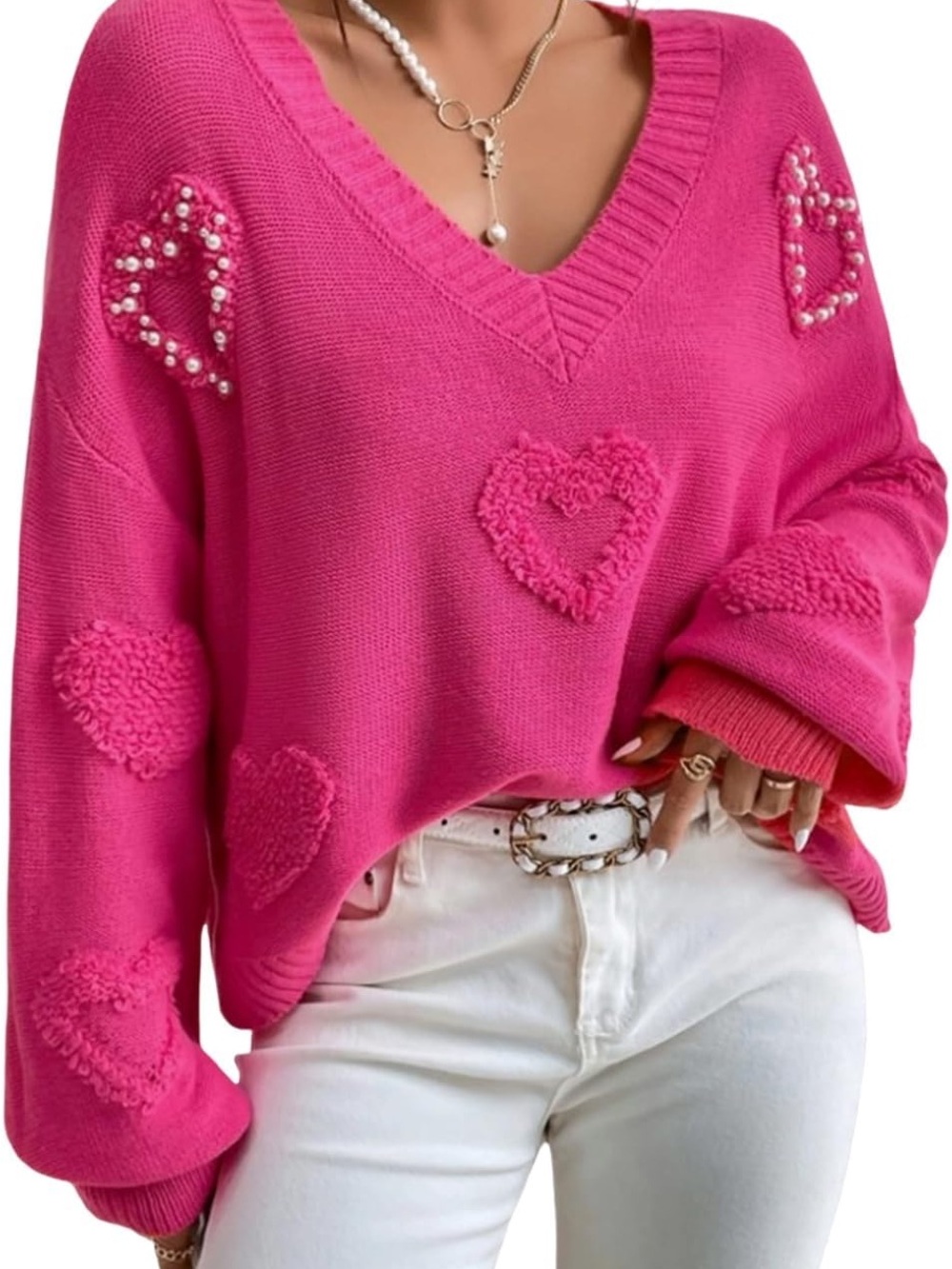 SHEIN Women's V-Neck Sweater Pink Heart Knit Bedazzled Valentine